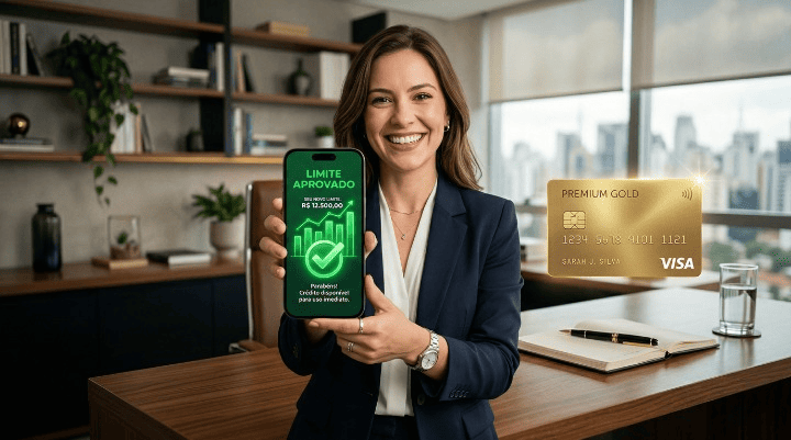 Mão segurando celular mostrando aplicativo seguro para consultar limite do cartão de crédito e margem aprovada.