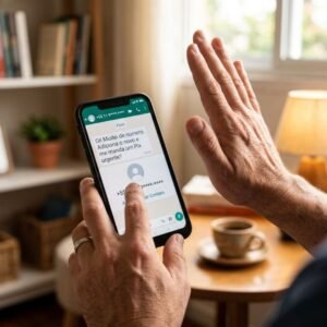 Mãos de um idoso segurando o celular e analisando com cautela uma mensagem de texto suspeita.