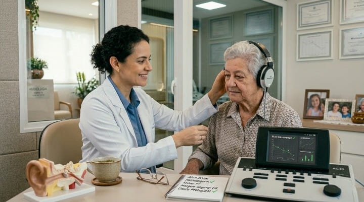 Fonoaudióloga realizando avaliação auditiva em idoso com zumbido crônico em cabine audiométrica especializada
