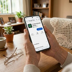 Mãos de um idoso baixando o aplicativo oficial de consulta de CPF no celular com segurança digital.