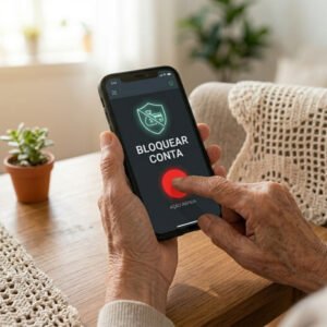 Mão de idoso apertando o botão de bloqueio de conta e cartão de crédito no celular para evitar fraudes.