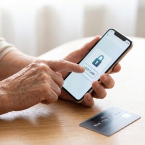 Idoso bloqueando o cartão de crédito temporariamente pelo aplicativo do banco no celular com segurança.