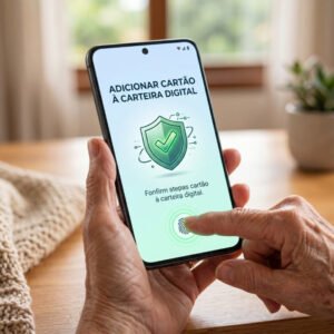 Detalhe do dedo de um idoso usando a biometria para cadastrar o cartão na carteira digital do celular com segurança.