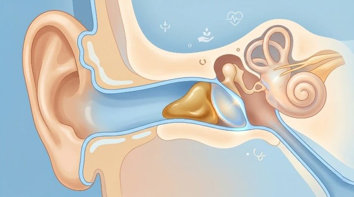 Ilustração médica mostrando acúmulo de cerúmen no canal auditivo causado pelo uso incorreto de cotonete