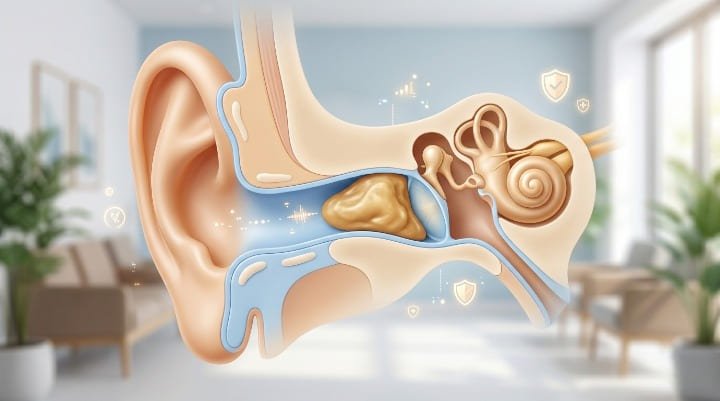 Ilustração médica do canal auditivo com cerúmen impactado formando rolha de cera próximo à membrana timpânica