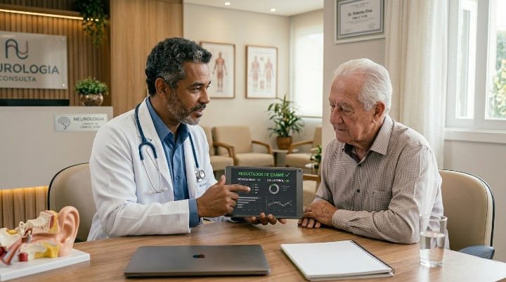 Cardiologista revisando resultados com paciente idoso discutindo relação entre pressão alta e saúde auditiva

