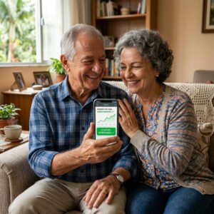 Casal de aposentados felizes e seguros consultando a aprovação de limites e controle financeiro pelo celular em casa.