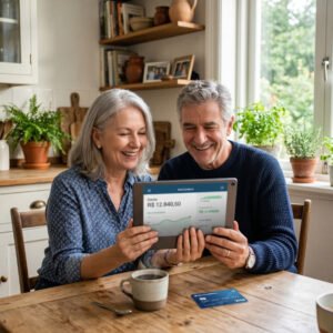 Casal de aposentados felizes consultando a margem e o limite do cartão de crédito pelo tablet em casa.
