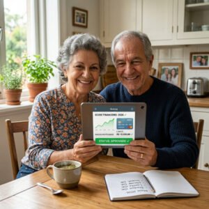 Casal de aposentados felizes consultando o score alto e os limites do novo cartão aprovado pelo tablet.