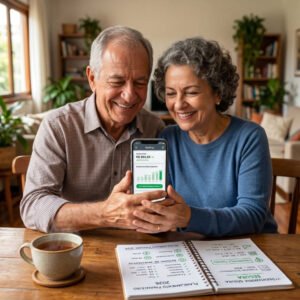 Casal de aposentados tranquilos planejando suas finanças pelo celular após consultar a margem do benefício.