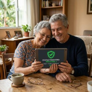 Casal de aposentados tranquilos ao verem que seu score e limites financeiros estão totalmente protegidos contra bandidos.