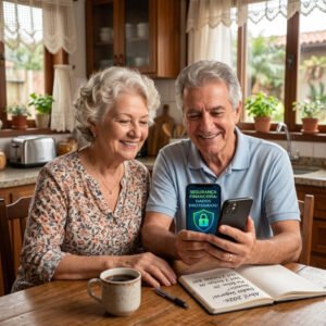 Casal de aposentados tranquilos na cozinha após aprenderem a proteger seus dados bancários no celular.