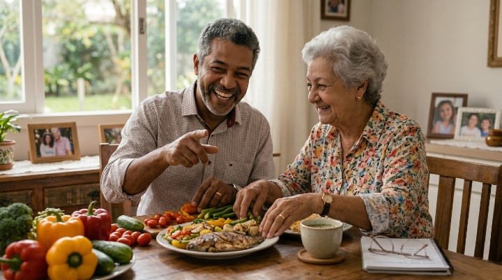 Casal de idosos preparando refeição saudável com alimentos que protegem a audição e a saúde cognitiva