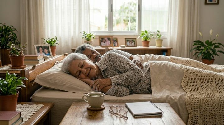 Casal de idosos dormindo bem após iniciar tratamento para zumbido no ouvido melhorando qualidade do sono