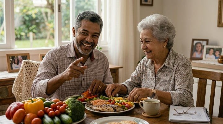 Casal de idosos desfrutando refeição saudável que contribui para preservar a audição e a qualidade de vida na terceira idade