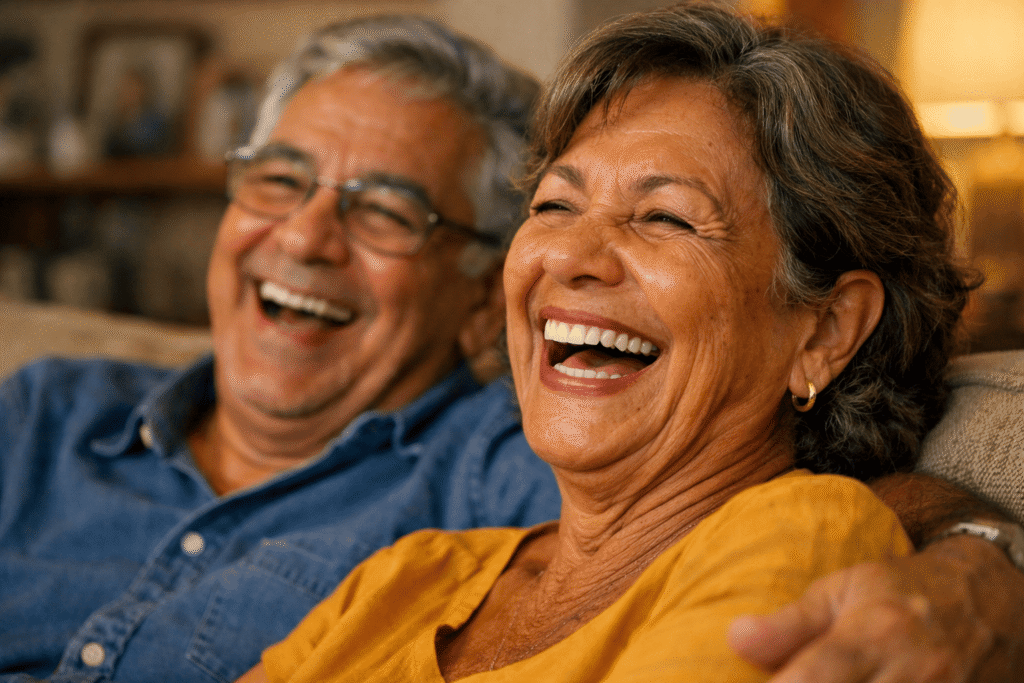 Casal de idosos felizes e sorridentes conversando na sala de estar, ilustrando a alegria de voltar a ouvir bem na terceira idade.