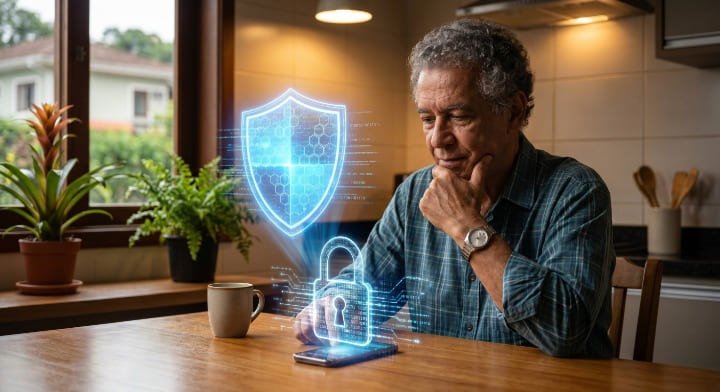 Celular de um idoso protegido por um escudo digital e cadeado, simbolizando a prevenção extrema contra roubo de dinheiro.