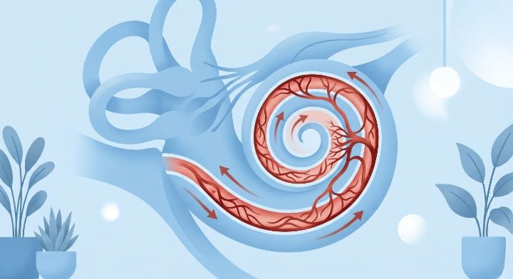 Ilustração médica da cóclea mostrando microcirculação coclear afetada pela pressão alta causando zumbido no ouvido
