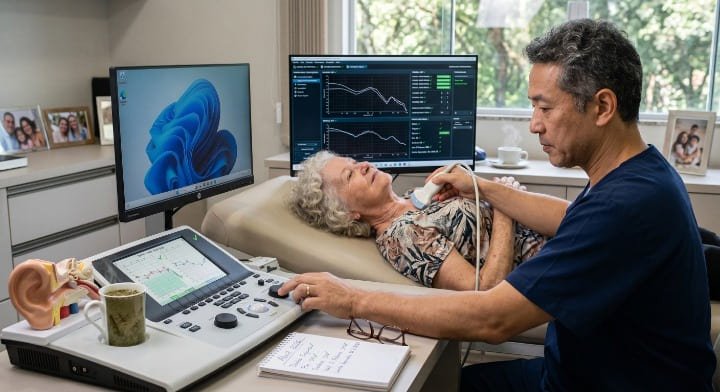 Cardiologista realizando Doppler de carótida em paciente idosa para investigar causa vascular do zumbido pulsátil