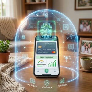 Ilustração de um celular protegido por um escudo digital e biometria, representando a segurança financeira do idoso.