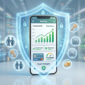 Ilustração de um escudo digital protegendo um celular com gráficos financeiros e cartão de crédito.