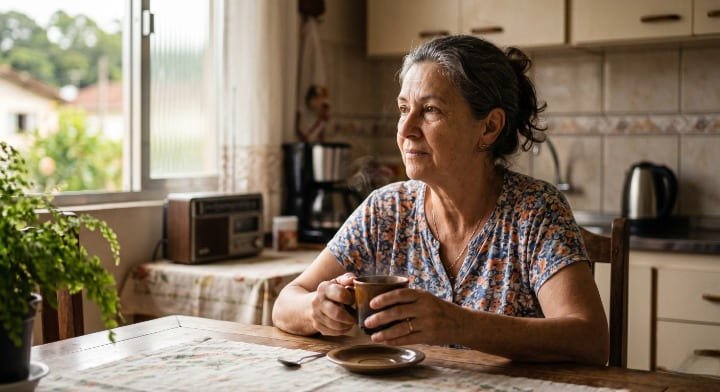 Mulher idosa pensativa em casa representando dúvida entre esquecimento por Alzheimer ou perda auditiva