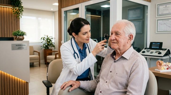 Fonoaudióloga realizando exame de audiometria em paciente idoso em clínica especializada