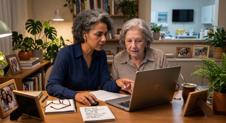 Filha ajudando mãe idosa a organizar exames auditivos no PC com iCloud para enviar ao neurologista pelo WhatsApp