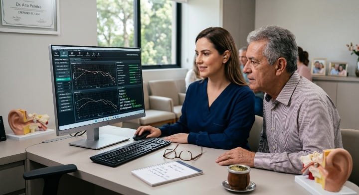 Fonoaudióloga calibrando aparelho auditivo com inteligência artificial no software de clínica com PC Windows