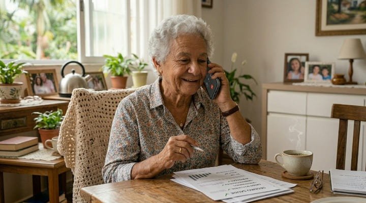 Idosa consultando plano de saúde por telefone sobre cobertura de aparelho auditivo garantida pela resolução ANS