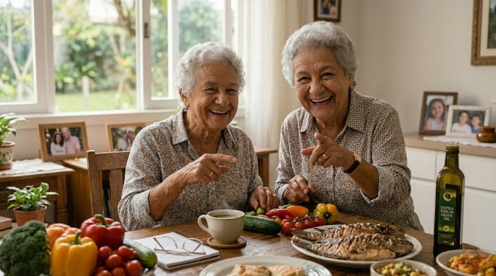Idosa preparando refeição saudável com alimentos que protegem as células ciliadas e preservam a audição