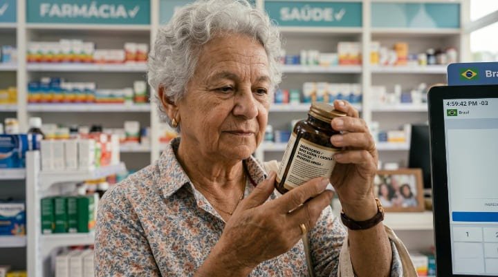 Idosa lendo rótulo de suplemento para audição e zumbido com atenção antes de comprar