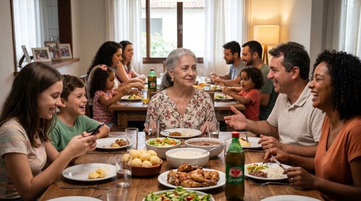 Idosa com expressão distante durante jantar em família ilustrando isolamento social causado por perda auditiva