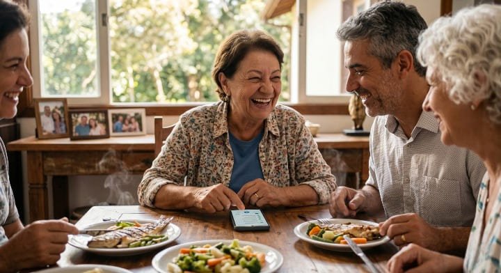 Idosa ajustando aparelho auditivo com inteligência artificial pelo iPhone durante jantar em família em restaurante