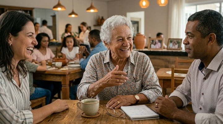Idoso usando aparelho auditivo invisível participando naturalmente de conversa em família em restaurante