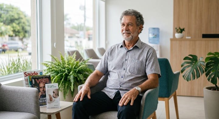 Idoso aguardando avaliação auditiva em clínica especializada em aparelho auditivo para idosos