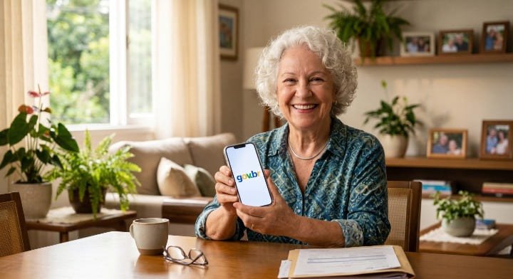 Idoso sorrindo enquanto usa o aplicativo oficial no celular para consultar informações financeiras com segurança.