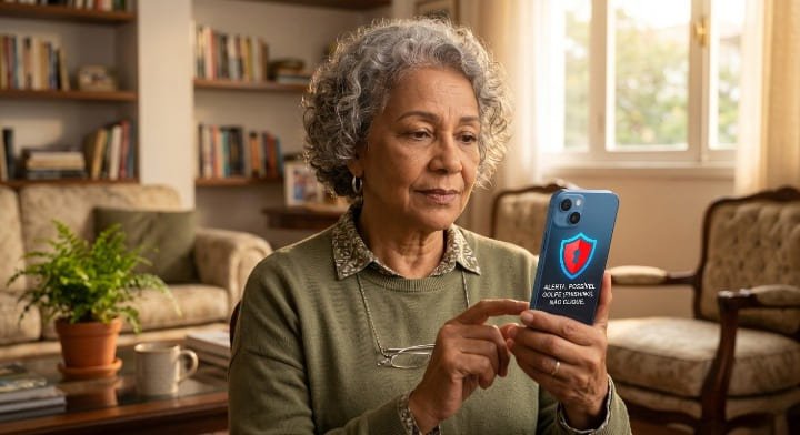 Idoso atento segurando o celular com escudo de proteção digital, prevenindo-se contra golpes no WhatsApp.