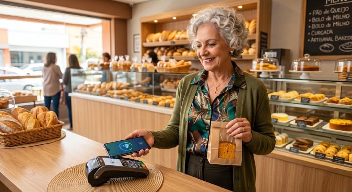 Idoso sorrindo e pagando com segurança por aproximação usando a carteira digital no celular em uma padaria.