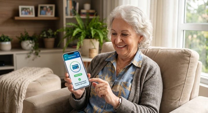 Idoso sorridente e relaxado pedindo um cartão de crédito com segurança pelo aplicativo do celular em casa.