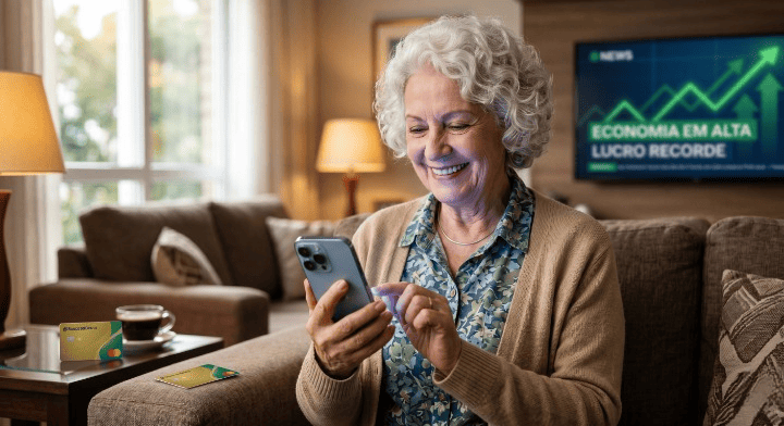 Idoso sorrindo e usando o celular com segurança para simular um empréstimo pessoal.