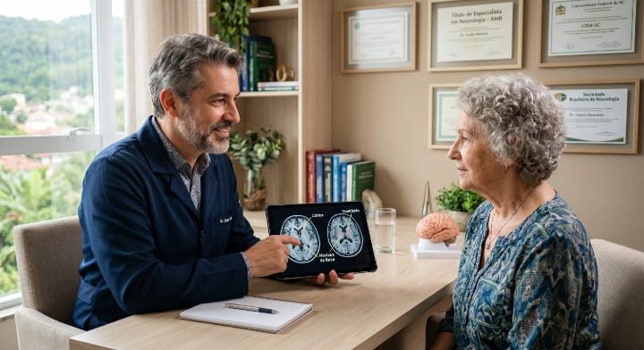 Neurologista explicando relação entre perda auditiva e prevenção do Alzheimer para paciente idosa em consulta