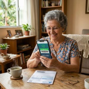 Senhora aposentada pagando suas contas de água e luz pelo aplicativo do banco no celular para aumentar o score.