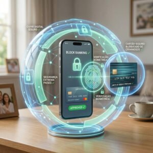 Ilustração de um celular dentro de um cofre virtual seguro, evitando que criminosos façam empréstimos falsos.