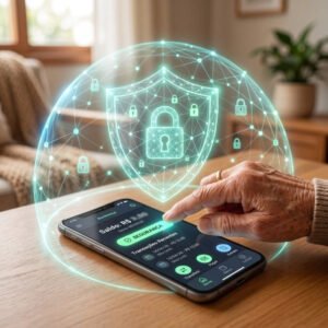 Ilustração de um escudo digital protegendo o celular, representando a segurança digital e proteção do score financeiro.