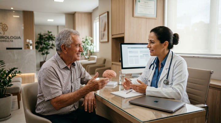 Médica neurologista conversando com paciente idoso sobre a relação direta entre perda auditiva e demência.