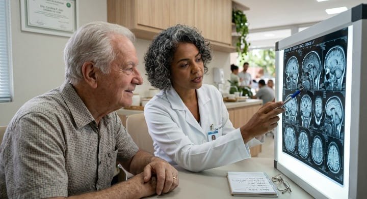 Neurologista mostrando resultado de ressonância cerebral para idoso explicando ligação entre audição e memória