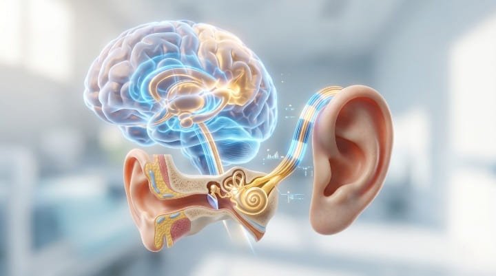 Ilustração médica detalhada mostrando a conexão do nervo auditivo com o cérebro e a importância do estímulo sonoro.
