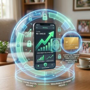 Ilustração de um celular protegido por um escudo digital mostrando o score subindo e garantindo melhores limites no cartão.
