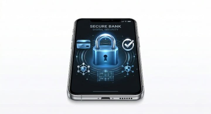 Cadeado de segurança sobre um smartphone representando a proteção digital de dados financeiros e aplicativos de banco contra fraudes.